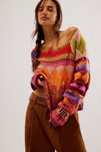 FREE PEOPLE Lydia Monochrome Pullover in Tropical Punch Combo – colourful bohemian knitwear – boho pullovers – women’s bright sweaters