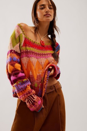 FREE PEOPLE Lydia Monochrome Pullover in Tropical Punch Combo – colourful bohemian knitwear – boho pullovers – women’s bright sweaters - flipped