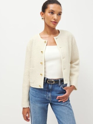 Reformation Dale Cropped Jacket in Cream ~ chic textured collarless jackets - flipped