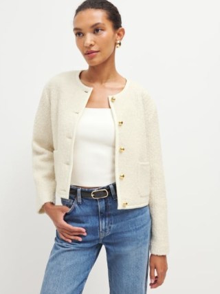 Reformation Dale Cropped Jacket in Cream ~ chic textured collarless jackets