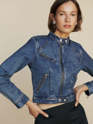 Reformation Danica Racer Denim Jacket in Mercer | blue cropped zip detail jackets | moto style clothing - flipped