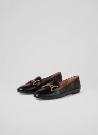 L.K. BENNETT Daphne Black Croc-Effect Leather Loafers / crocodile print flats / horsebit embellished loafer