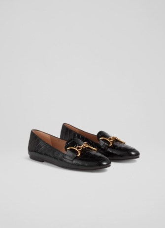 L.K. BENNETT Daphne Black Croc-Effect Leather Loafers / crocodile print flats / horsebit embellished loafer - flipped