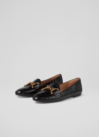 L.K. BENNETT Daphne Black Croc-Effect Leather Loafers / crocodile print flats / horsebit embellished loafer
