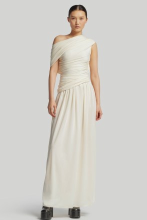 ALTUZARRA DELPHI DRESS in Ivory – luxury one shoulder maxi dresses - flipped