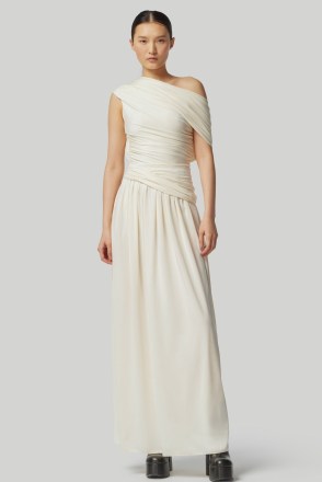 ALTUZARRA DELPHI DRESS in Ivory – luxury one shoulder maxi dresses
