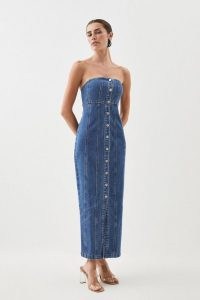 Karen Millen Denim Bandeau Button Midi Dress in Mid Wash | blue strapless column dresses