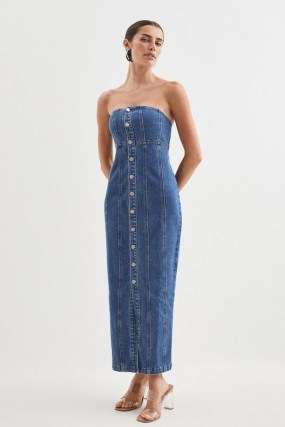 Karen Millen Denim Bandeau Button Midi Dress in Mid Wash | blue strapless column dresses - flipped