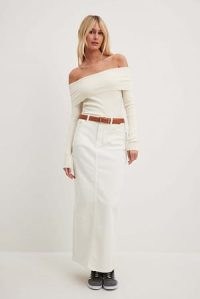 NA-KD Denim Maxi Skirt in Off White | long length back split skirts