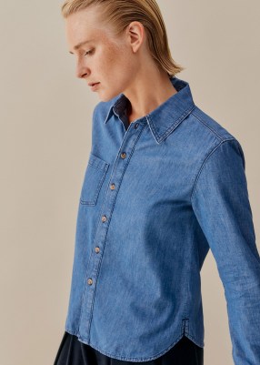 ME and EM Denim Shirt in Chambray Blue | women’s casual cotton curved hem shirts - flipped