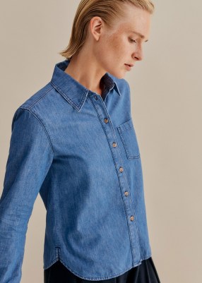 ME and EM Denim Shirt in Chambray Blue | women’s casual cotton curved hem shirts
