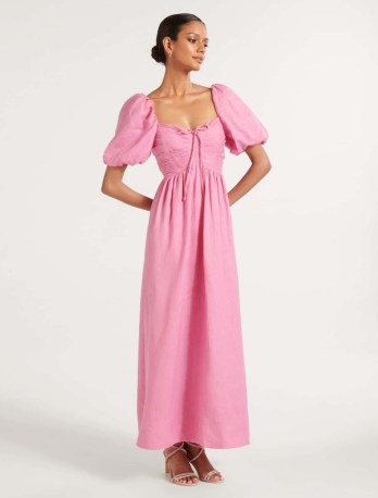 FOREVER NEW Destiny Petite Midi Dress ~ pink puff sleeve dresses ~ short balloon sleeves ~ fitted ruched bodice ~ feminine fashion - flipped