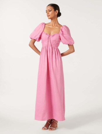 FOREVER NEW Destiny Petite Midi Dress ~ pink puff sleeve dresses ~ short balloon sleeves ~ fitted ruched bodice ~ feminine fashion