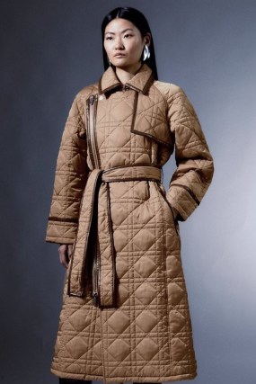 Karen Millen Diamond Quilt Contrast Binding Belted Trench Coat in Camel | women’s light brown padded tie waist coats | asymmetric zip closure - flipped