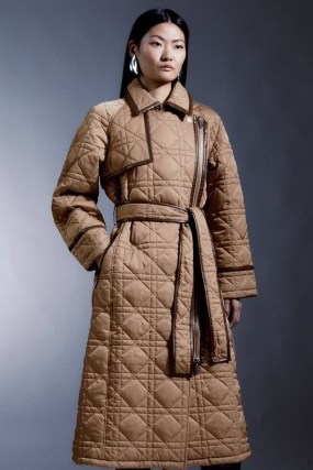 Karen Millen Diamond Quilt Contrast Binding Belted Trench Coat in Camel | women’s light brown padded tie waist coats | asymmetric zip closure