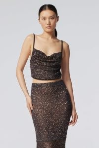 ALTUZARRA DIAPLO TOP in Black – strappy sequinned cowl neck crop tops – cropped evening occasion clothing – luxe special event fashion