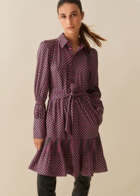 ME and EM Digital Dot Print Short Swing Shirt Dress + Belt in Khaki / Black / Pink ~ tiered relaxed fit collared dresses - flipped
