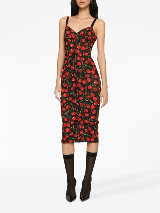 Meredith Duxbury’s black sleeveless fruit print bodycon, Dolce & Gabbana Cherry-print stretch calf-length corset dress, on Instagram, August 2023 | celebrity dresses | social media fashion - flipped