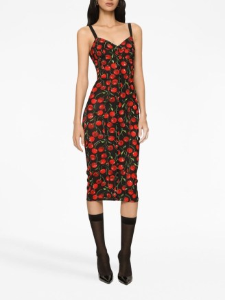 Meredith Duxbury’s black sleeveless fruit print bodycon, Dolce & Gabbana Cherry-print stretch calf-length corset dress, on Instagram, August 2023 | celebrity dresses | social media fashion