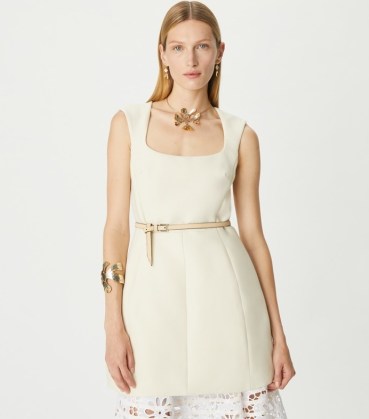 TORY BURCH DOUBLE-FACED WOOL MINIDRESS in Fresh Cream ~ structured mini dress ~ designer short length sleeveless dresses - flipped