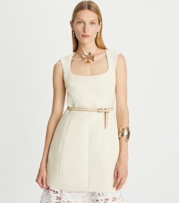 TORY BURCH DOUBLE-FACED WOOL MINIDRESS in Fresh Cream ~ structured mini dress ~ designer short length sleeveless dresses