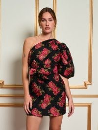 sister jane DREAM Begonia Jacquard Mini Dress in Ink Black / floral one puff sleeve party dresses / asymmetric evening occasion fashion / metallic thread event clothing