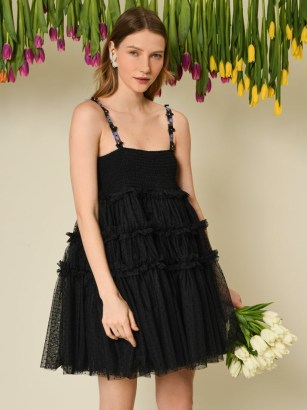 sister jane DREAM WINDMILL SONGS Sofie Spot Tulle Mini Dress in Black / voluminous strappy frill trimmed party dresses / romantic ruffled occasion fashion - flipped
