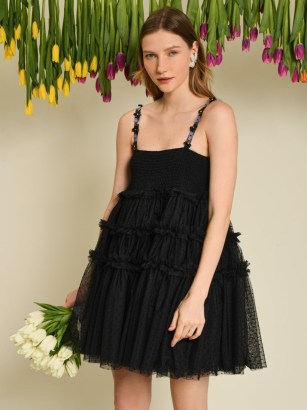 sister jane DREAM WINDMILL SONGS Sofie Spot Tulle Mini Dress in Black / voluminous strappy frill trimmed party dresses / romantic ruffled occasion fashion