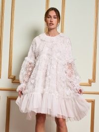 sister jane THE MADELEINE MOMENT DREAM Dentelle Ruffle Tulle Dress in Pearl White / semi sheer oversized floral dresses / romantic party fashion / feminine ruffled evening occasion clothing