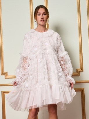 sister jane THE MADELEINE MOMENT DREAM Dentelle Ruffle Tulle Dress in Pearl White / semi sheer oversized floral dresses / romantic party fashion / feminine ruffled evening occasion clothing - flipped