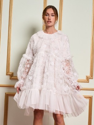 sister jane THE MADELEINE MOMENT DREAM Dentelle Ruffle Tulle Dress in Pearl White / semi sheer oversized floral dresses / romantic party fashion / feminine ruffled evening occasion clothing