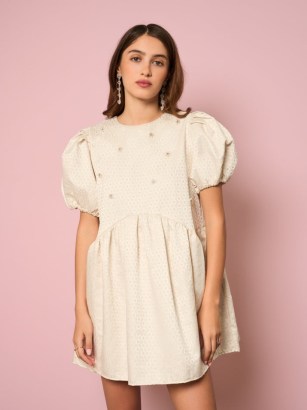 sister jane Chai Pearl Jacquard Dress in Pearled Ivory – oversized puff sleeve party dresses – embellished occasion fashion – DARJEELING CONVERSATIONS collection - flipped