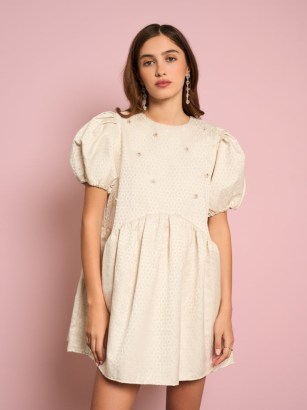 sister jane Chai Pearl Jacquard Dress in Pearled Ivory – oversized puff sleeve party dresses – embellished occasion fashion – DARJEELING CONVERSATIONS collection