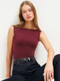 Reformation Dusk Knit Top in Chianti ~ sleeveless wine red fitted tops