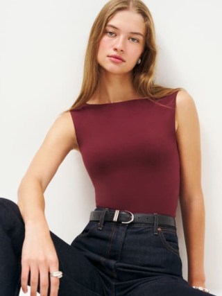 Reformation Dusk Knit Top in Chianti ~ sleeveless wine red fitted tops - flipped