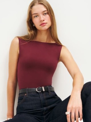 Reformation Dusk Knit Top in Chianti ~ sleeveless wine red fitted tops