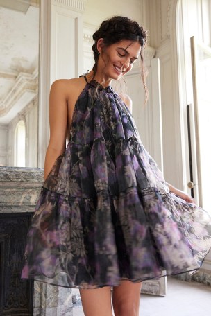 Free People Sweet Serenade Mini Dress in Black Combo – floral halterneck A-line dresses – feminine halter neck party dresses - flipped