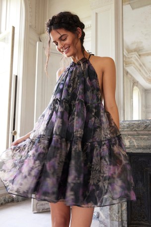 Free People Sweet Serenade Mini Dress in Black Combo – floral halterneck A-line dresses – feminine halter neck party dresses