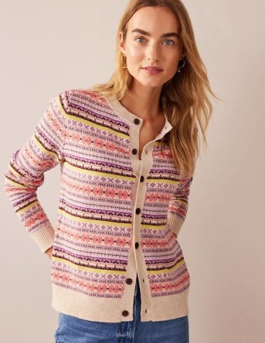 BODEN Edie Fair Isle Cardigan in Chalky Pink Fair Isle – women’s patterned cardigans - flipped