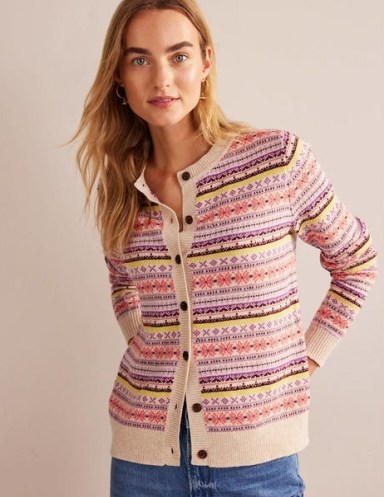 BODEN Edie Fair Isle Cardigan in Chalky Pink Fair Isle – women’s patterned cardigans