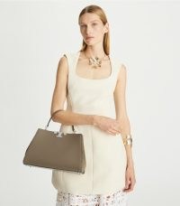 Tory Burch ELEANOR PEBBLED SATCHEL in WILD MUSHROOM ~ luxe light brown handbag ~ chic top handle bags ~ women’s luxury designer satchels