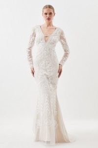 Karen Millen Embellished Revival Woven Maxi Dress in Ivory – beaded plunge front occasion dresses – long sleeve sheer overlay wedding gown with train – bridal gowns