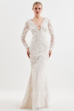 Karen Millen Embellished Revival Woven Maxi Dress in Ivory – beaded plunge front occasion dresses – long sleeve sheer overlay wedding gown with train – bridal gowns - flipped