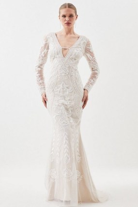 Karen Millen Embellished Revival Woven Maxi Dress in Ivory – beaded plunge front occasion dresses – long sleeve sheer overlay wedding gown with train – bridal gowns