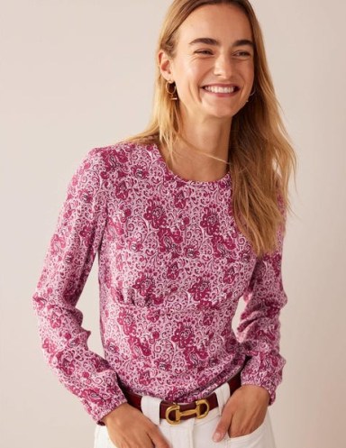 BODEN Empire-Waist Long-Sleeve Top in Strawberry Sherbet, Botanic ~ pink long sleeve floral print tops - flipped
