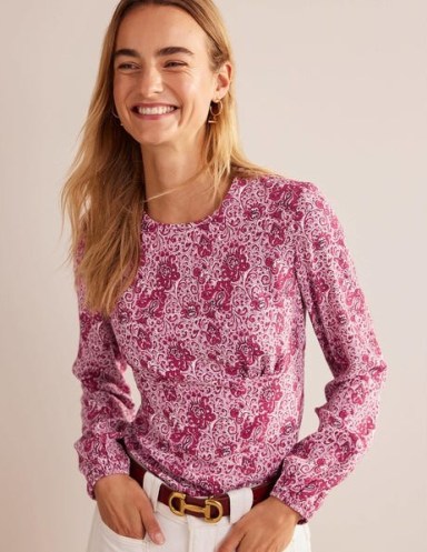 BODEN Empire-Waist Long-Sleeve Top in Strawberry Sherbet, Botanic ~ pink long sleeve floral print tops