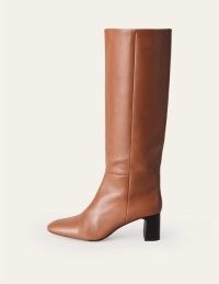 BODEN Erica Knee High Leather Boots in Tan ~ women’s brown stacked block heel round toe boot
