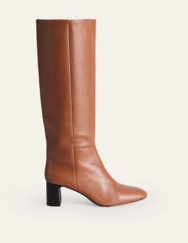 BODEN Erica Knee High Leather Boots in Tan ~ women’s brown stacked block heel round toe boot - flipped