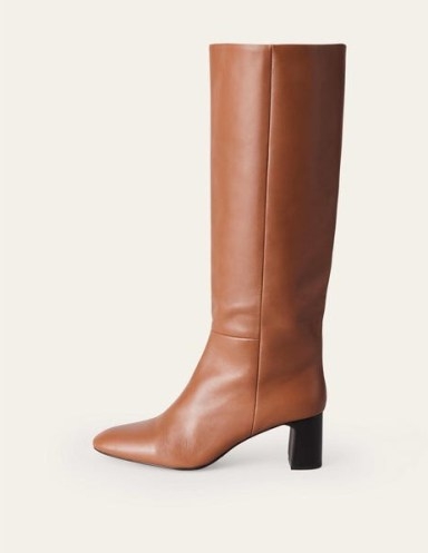 BODEN Erica Knee High Leather Boots in Tan ~ women’s brown stacked block heel round toe boot