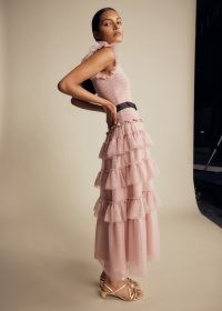 ME and EM Ethereal Tulle Shirred Maxi Dress + Belt in Deep Blush/Black ~ pink sleeveless tiered hem ruffle trimmed dresses ~ romantic fashion ~ luxe romance inspired clothing ~ luxury feminine style clothes